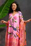Buy_Prachi Kamat_Pink Viscose, Silk, Organza V-neck Asawali Printed Kurta Set 