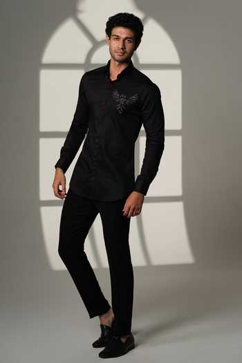 Shop_Sanjana Reddy Designs_Black Cotton Embroidery 3d Phoenix Placement Shirt _at_Aza_Fashions