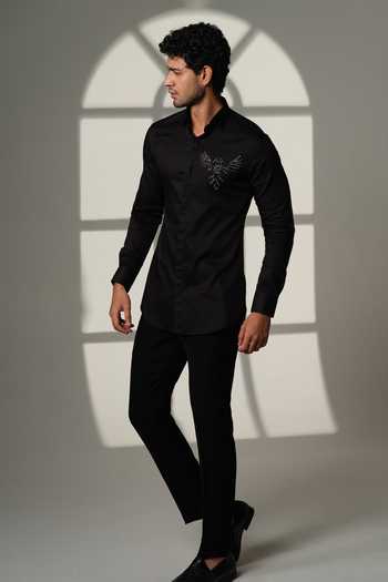 Buy_Sanjana Reddy Designs_Black Cotton Embroidery 3d Phoenix Placement Shirt _Online_at_Aza_Fashions