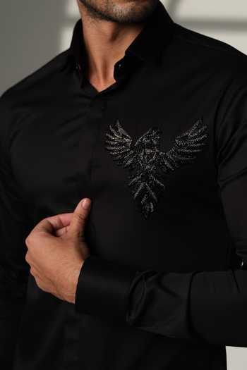 Shop_Sanjana Reddy Designs_Black Cotton Embroidery 3d Phoenix Placement Shirt _Online_at_Aza_Fashions