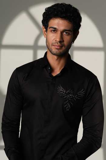 Sanjana Reddy Designs_Black Cotton Embroidery 3d Phoenix Placement Shirt _at_Aza_Fashions