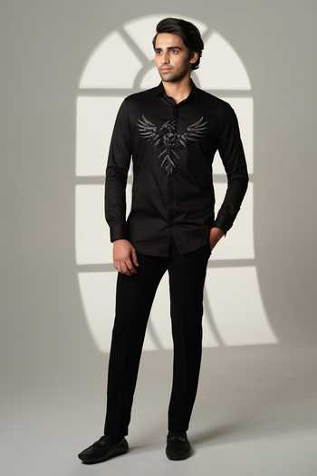 Shop_Sanjana Reddy Designs_Black Cotton Embroidery 3d Pheonix Bird Shirt _at_Aza_Fashions