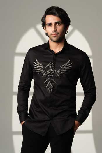 Buy_Sanjana Reddy Designs_Black Cotton Embroidery 3d Pheonix Bird Shirt _at_Aza_Fashions