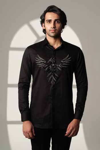 Sanjana Reddy Designs_Black Cotton Embroidery 3d Pheonix Bird Shirt _Online_at_Aza_Fashions
