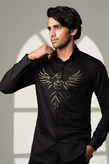 Buy_Sanjana Reddy Designs_Black Cotton Embroidery 3d Pheonix Bird Shirt _Online_at_Aza_Fashions