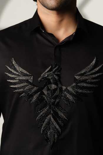 Sanjana Reddy Designs_Black Cotton Embroidery 3d Pheonix Bird Shirt _at_Aza_Fashions