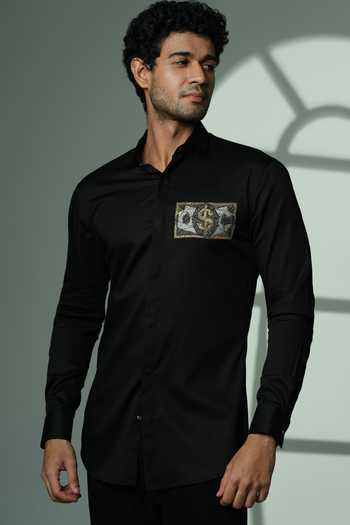 Shop_Sanjana Reddy Designs_Black Cotton Embroidery, Beads Dollar Placement Shirt _at_Aza_Fashions