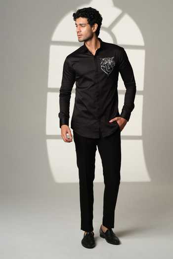 Sanjana Reddy Designs_Black Cotton Embroidery Roaring Tiger Shirt _Online_at_Aza_Fashions