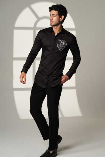 Shop_Sanjana Reddy Designs_Black Cotton Embroidery Roaring Tiger Shirt _at_Aza_Fashions