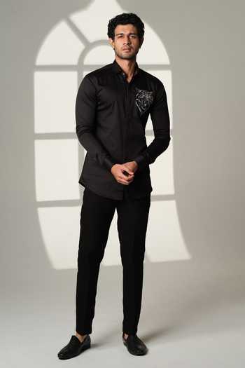 Buy_Sanjana Reddy Designs_Black Cotton Embroidery Roaring Tiger Shirt _Online_at_Aza_Fashions