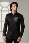 Buy_Sanjana Reddy Designs_Black Cotton Embroidery, Beads Roaring Tiger Placement Shirt _Online_at_Aza_Fashions