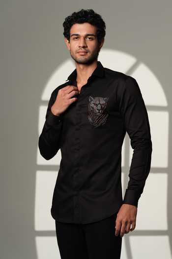 Buy_Sanjana Reddy Designs_Black Cotton Embroidery, Stones 3d Panther Shirt _Online_at_Aza_Fashions