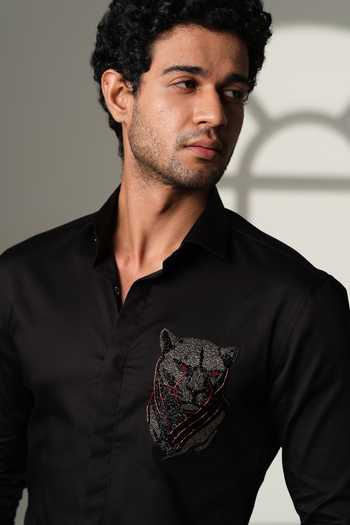 Shop_Sanjana Reddy Designs_Black Cotton Embroidery, Stones 3d Panther Shirt _Online_at_Aza_Fashions
