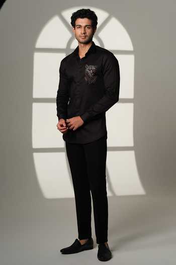 Shop_Sanjana Reddy Designs_Black Cotton Embroidery, Stones 3d Panther Shirt _at_Aza_Fashions