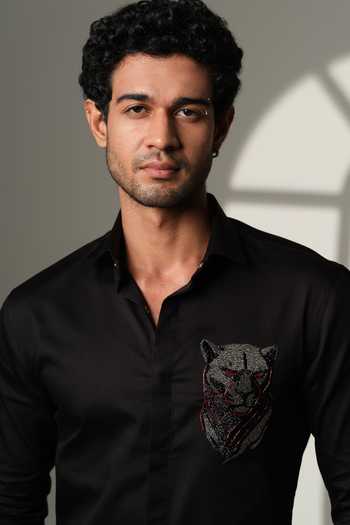 Sanjana Reddy Designs_Black Cotton Embroidery, Stones 3d Panther Shirt _at_Aza_Fashions