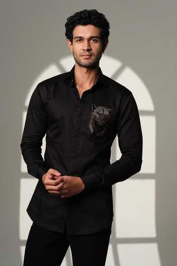 Buy_Sanjana Reddy Designs_Black Cotton Embroidery, Stones 3d Panther Shirt _at_Aza_Fashions