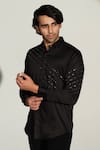 Sanjana Reddy Designs_Black Cotton Embroidery Slant Sally Lines Placement Shirt _Online_at_Aza_Fashions