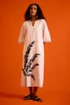 Indian Summer Story_Ivory Cotton, Poplin Embroidery Split V-neck Thread Dress _Online_at_Aza_Fashions