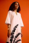 Indian Summer Story_Ivory Cotton, Poplin Embroidery Split V-neck Thread Dress _at_Aza_Fashions
