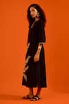 Indian Summer Story_Black Cotton, Poplin Embroidery Split V-neck Thread Dress _Online_at_Aza_Fashions