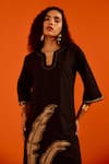 Shop_Indian Summer Story_Black Cotton, Poplin Embroidery Split V-neck Thread Dress _Online_at_Aza_Fashions