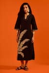 Buy_Indian Summer Story_Black Cotton, Poplin Embroidery Split V-neck Thread Dress _at_Aza_Fashions