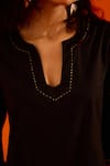 Indian Summer Story_Black Cotton, Poplin Embroidery Split V-neck Thread Dress _at_Aza_Fashions
