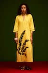 Buy_Indian Summer Story_Yellow Cotton, Poplin Embroidery Split V-neck Mango Thread Dress _at_Aza_Fashions