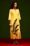 Indian Summer Story_Yellow Cotton, Poplin Embroidery Split V-neck Mango Thread Dress _Online_at_Aza_Fashions