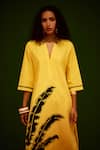 Buy_Indian Summer Story_Yellow Cotton, Poplin Embroidery Split V-neck Mango Thread Dress _Online_at_Aza_Fashions