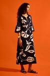 Buy_Indian Summer Story_Black Cotton Embroidery Split V-neck Botanical Dress _Online_at_Aza_Fashions