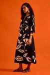 Shop_Indian Summer Story_Black Cotton Embroidery Split V-neck Botanical Dress _Online_at_Aza_Fashions