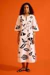 Buy_Indian Summer Story_Ivory Poplin Embroidery Split V-neck Botanical Dress _at_Aza_Fashions