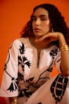 Buy_Indian Summer Story_Ivory Poplin Embroidery Split V-neck Botanical Dress 