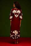 Shop_Indian Summer Story_Maroon Cotton, Poplin Embroidery V-neck Botanical Thread Dress _at_Aza_Fashions