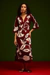 Buy_Indian Summer Story_Maroon Cotton, Poplin Embroidery V-neck Botanical Thread Dress _at_Aza_Fashions