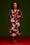 Indian Summer Story_Maroon Cotton, Poplin Embroidery V-neck Botanical Thread Dress _Online_at_Aza_Fashions