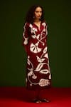 Shop_Indian Summer Story_Maroon Cotton, Poplin Embroidery V-neck Botanical Thread Dress _Online_at_Aza_Fashions