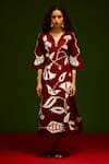 Indian Summer Story_Maroon Cotton, Poplin Embroidery V-neck Botanical Thread Dress _at_Aza_Fashions