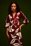 Buy_Indian Summer Story_Maroon Cotton, Poplin Embroidery V-neck Botanical Thread Dress 