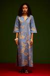 Buy_Indian Summer Story_Blue Denim Embroidery V-neck Natural Botanical Thread Dress _at_Aza_Fashions