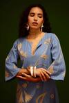 Indian Summer Story_Blue Denim Embroidery V-neck Natural Botanical Thread Dress _Online_at_Aza_Fashions