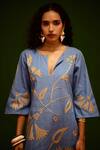 Shop_Indian Summer Story_Blue Denim Embroidery V-neck Natural Botanical Thread Dress _Online_at_Aza_Fashions