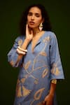 Indian Summer Story_Blue Denim Embroidery V-neck Natural Botanical Thread Dress _at_Aza_Fashions