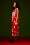 Indian Summer Story_Red Cotton, Poplin Embroidery V-neck Flame Thread Dress _Online_at_Aza_Fashions