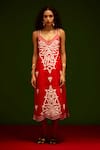 Shop_Indian Summer Story_Red Cotton, Poplin Embroidery V-neck Flame Thread Dress _Online_at_Aza_Fashions