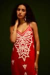 Indian Summer Story_Red Cotton, Poplin Embroidery V-neck Flame Thread Dress _at_Aza_Fashions