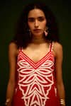 Buy_Indian Summer Story_Red Cotton, Poplin Embroidery V-neck Flame Thread Dress 