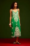 Buy_Indian Summer Story_Green Cotton, Poplin Embroidery V-neck Flame Thread Dress _at_Aza_Fashions
