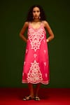 Buy_Indian Summer Story_Fuchsia Cotton, Poplin Embroidery V-neck Flame Thread Dress _at_Aza_Fashions